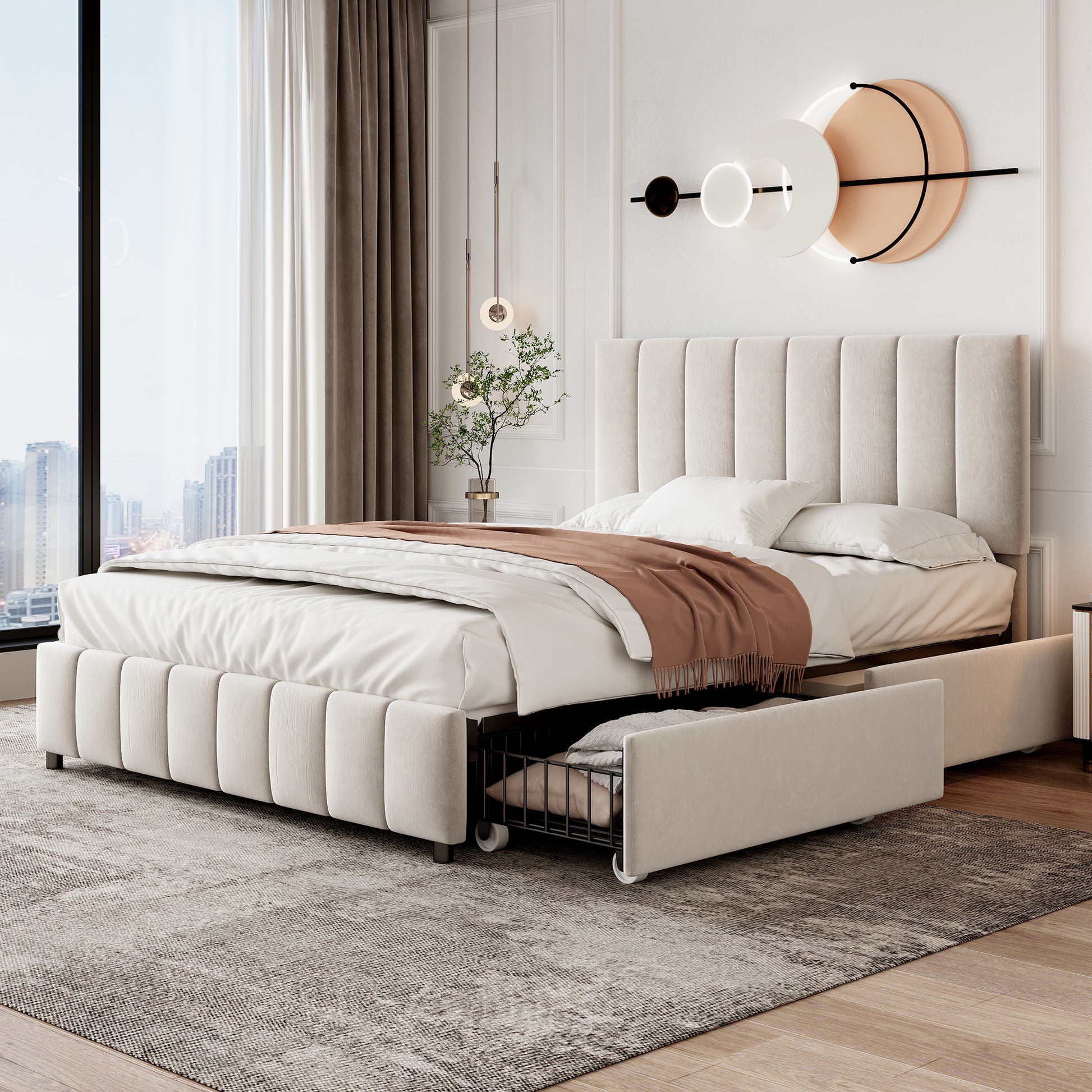 HOMCOM beige 4ft6 double upholstered velvet platform bed with adjustable tufted headboard and four storage drawers.