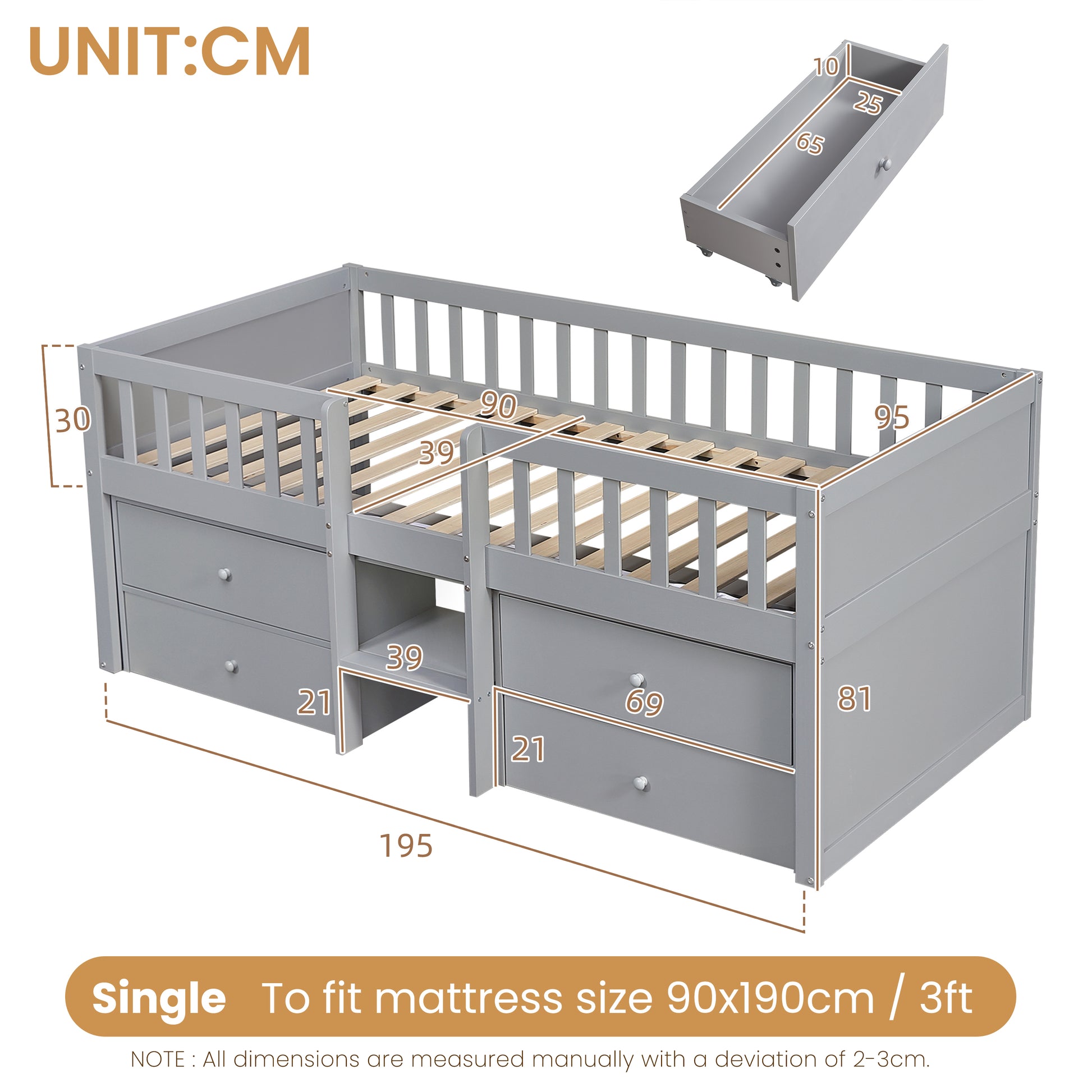 Grey HOMCOM low loft bed with built-in storage drawers, guardrail, solid wood frame, space-saving design for children's bedroom.