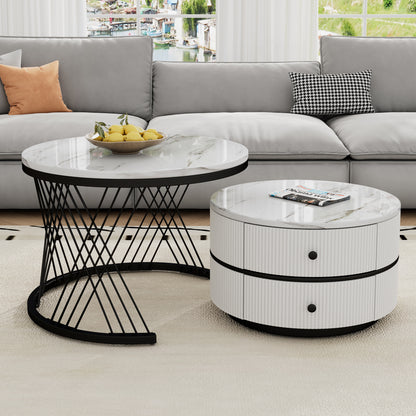 Set of two HOMCOM high gloss round nesting coffee tables with marble tops, white and gold finish, and storage drawers for living room.