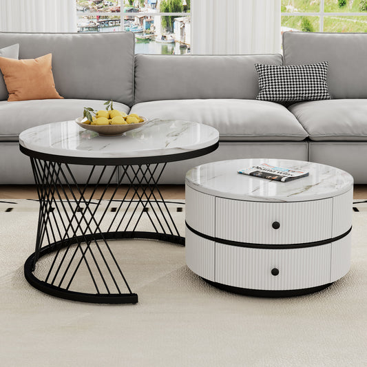 Set of two HOMCOM high gloss round nesting coffee tables with marble tops, white and gold finish, and storage drawers for living room.