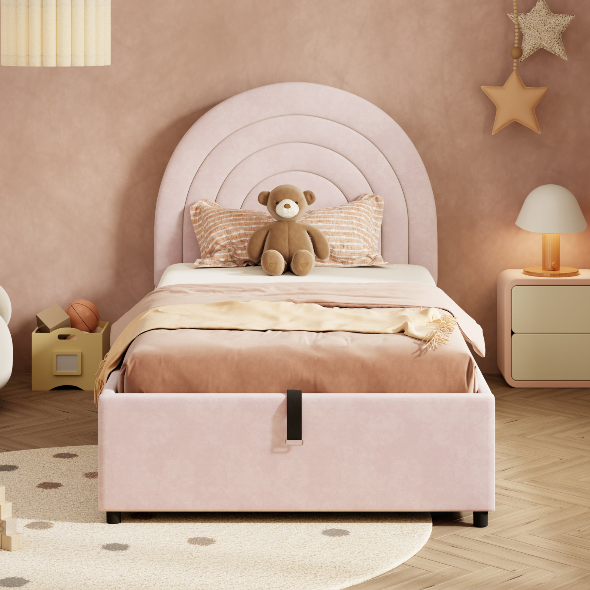 Pink velvet upholstered children's single bed with slatted frame and headboard, suitable for teens and adults, easy to assemble.