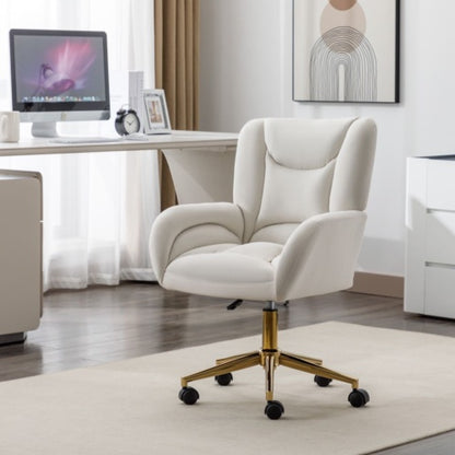Adjustable Velvet Swivel Office Chair with Gold Legs – Ivory