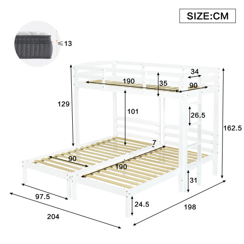 White HOMCOM triple bunk bed with side ladder for children and teens, featuring three beds with safety rails and space-saving design.