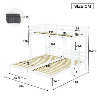 White HOMCOM triple bunk bed with side ladder for children and teens, featuring three beds with safety rails and space-saving design.