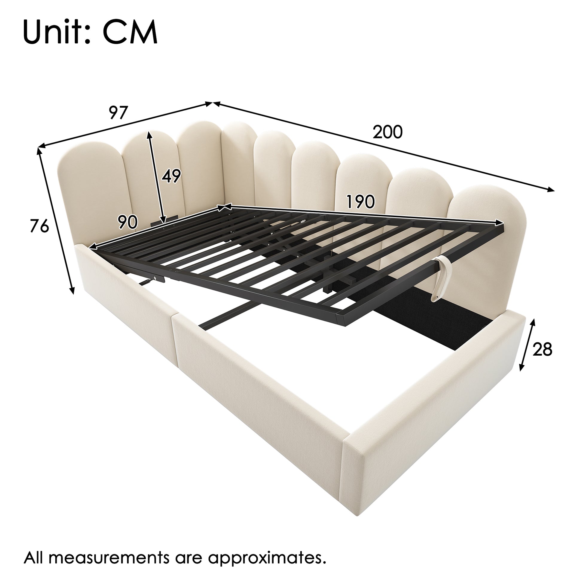 Beige upholstered HOMCOM single bed with hydraulic storage, metal slatted frame, velvet fabric, 90x190 cm, versatile daybed sofa