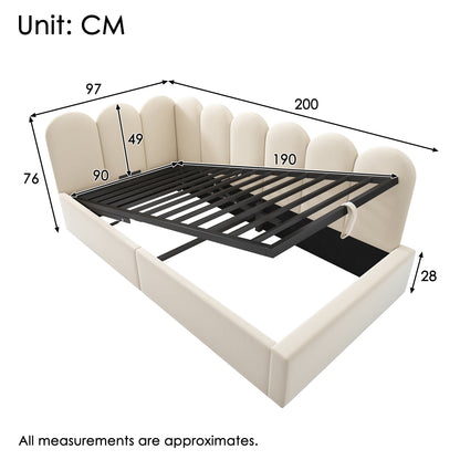 Beige upholstered HOMCOM single bed with hydraulic storage, metal slatted frame, velvet fabric, 90x190 cm, versatile daybed sofa