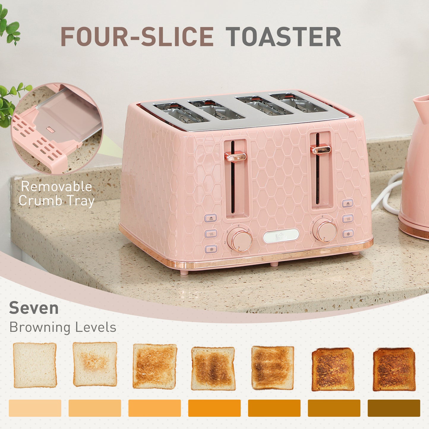 HOMCOM light pink kettle and 4-slice toaster set with 7 browning levels, 1.7L capacity, and 3000W fast boil jug.