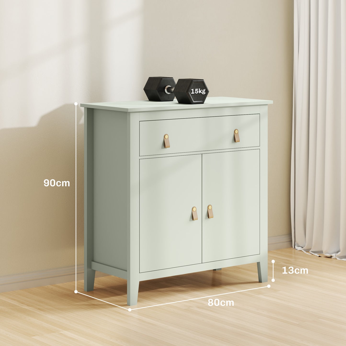 Light green HOMCOM farmhouse style sideboard with five drawers and cabinets, featuring rustic wooden accents and vintage-inspired design.