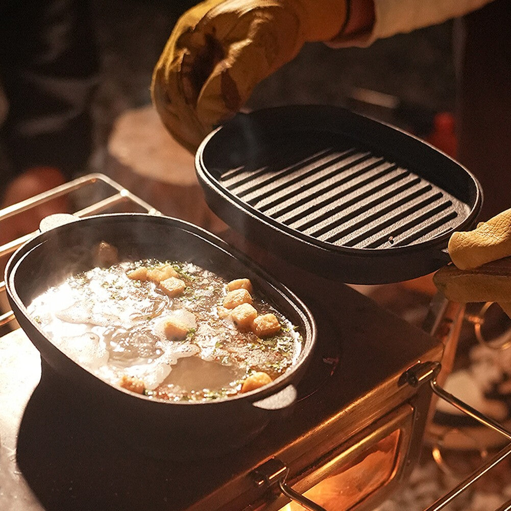 HOMCOM 2-in-1 cast iron Dutch oven and skillet with lid, ideal for camping and versatile cooking in a sturdy black design.