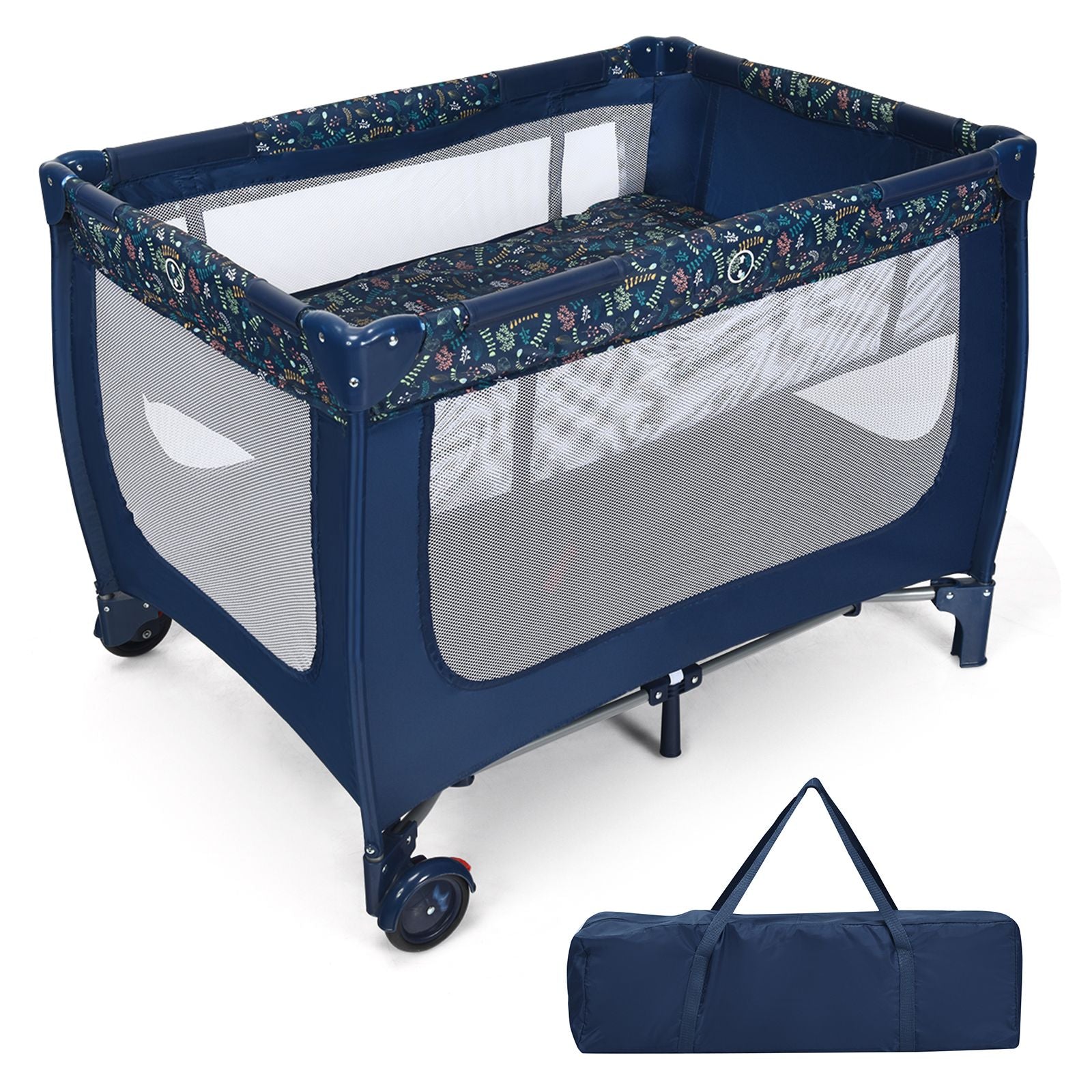 Livoshop 2-in-1 foldable baby playpen with lockable wheels and mattress, showing the open play area with safety sides