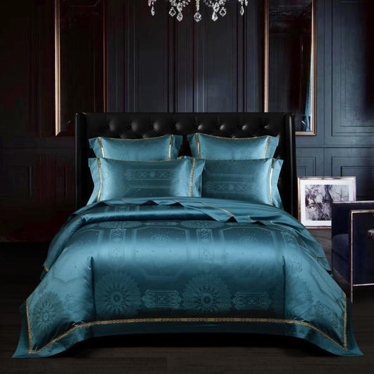 European Jacquard satin bedding set by HOMCOM featuring four elegant, patterned satin bed linens and pillowcases.