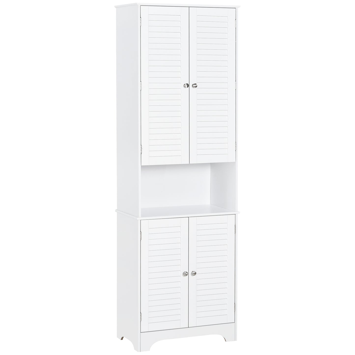 White tall freestanding bathroom cabinet with retro shutters, three shelves, elevated base, narrow design, dimensions 60x30x182.5 cm.