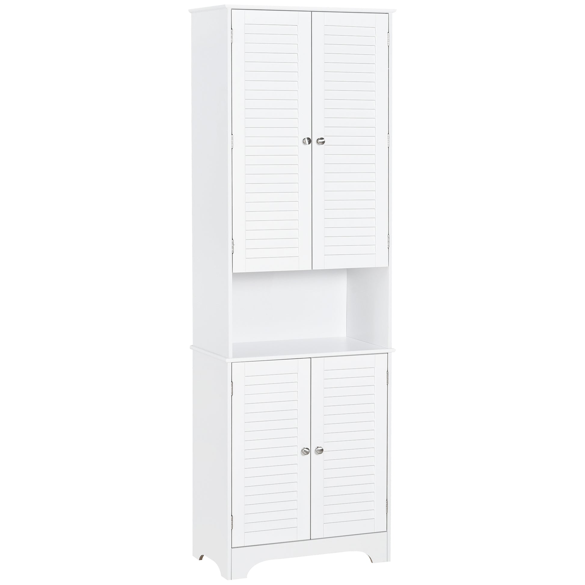 White tall freestanding bathroom cabinet with retro shutters, three shelves, elevated base, narrow design, dimensions 60x30x182.5 cm.