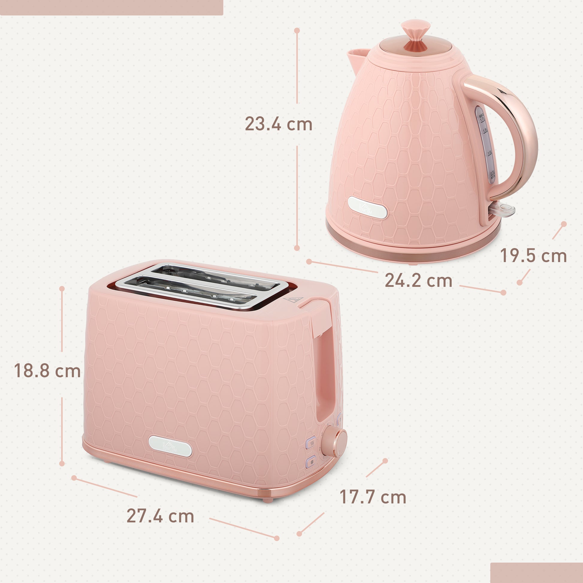 Light pink HOMCOM 1.7L 3000W fast boil kettle and 2-slice toaster set with auto shut-off and browning controls.