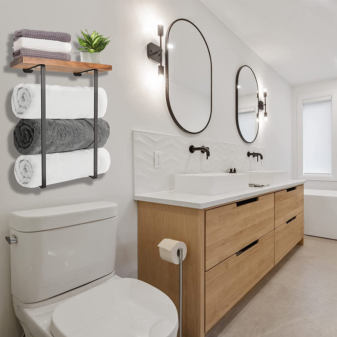 HOMCOM bathroom towel rack with iron and wood wall art, stylish towel storage holder mounted on bathroom wall.