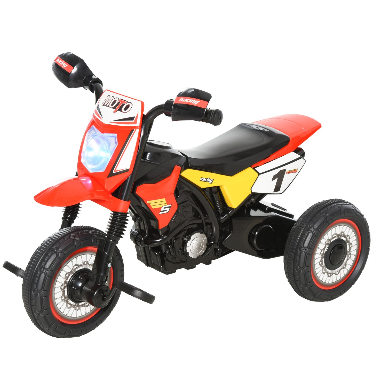 Red HOMCOM kids trike with music lights handlebar stickers, toddler pedal motorcycle for boys and girls aged 18-36 months.