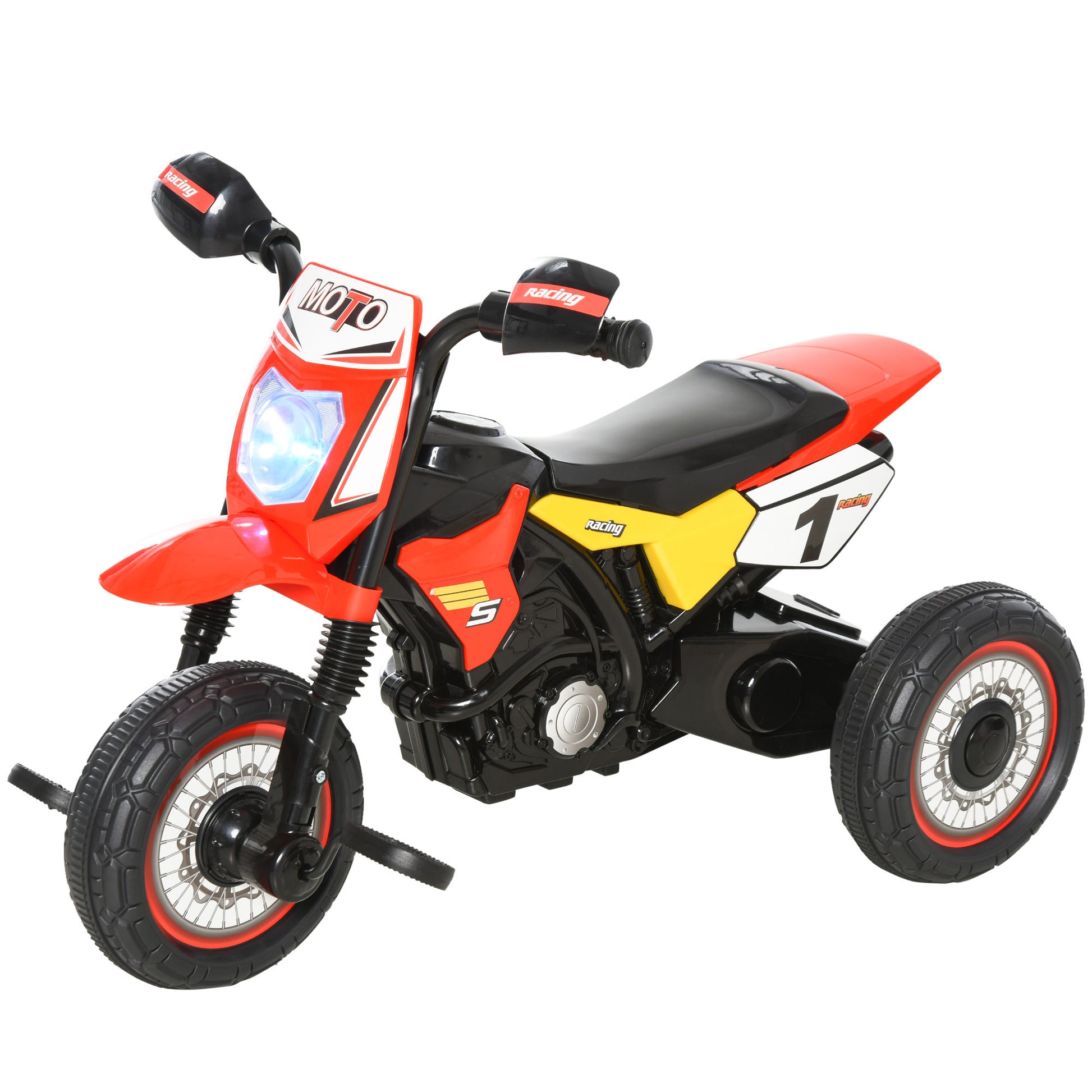 Red HOMCOM kids trike with music lights handlebar stickers, toddler pedal motorcycle for boys and girls aged 18-36 months.