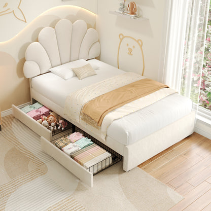 HOMCOM 3ft beige upholstered bed with petal velvet headboard, solid wood slats, two storage drawers, no box spring, easy to assemble