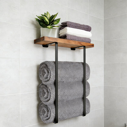 HOMCOM bathroom towel rack with iron frame and wooden shelves, wall-mounted towel storage and holder for bathroom organization
