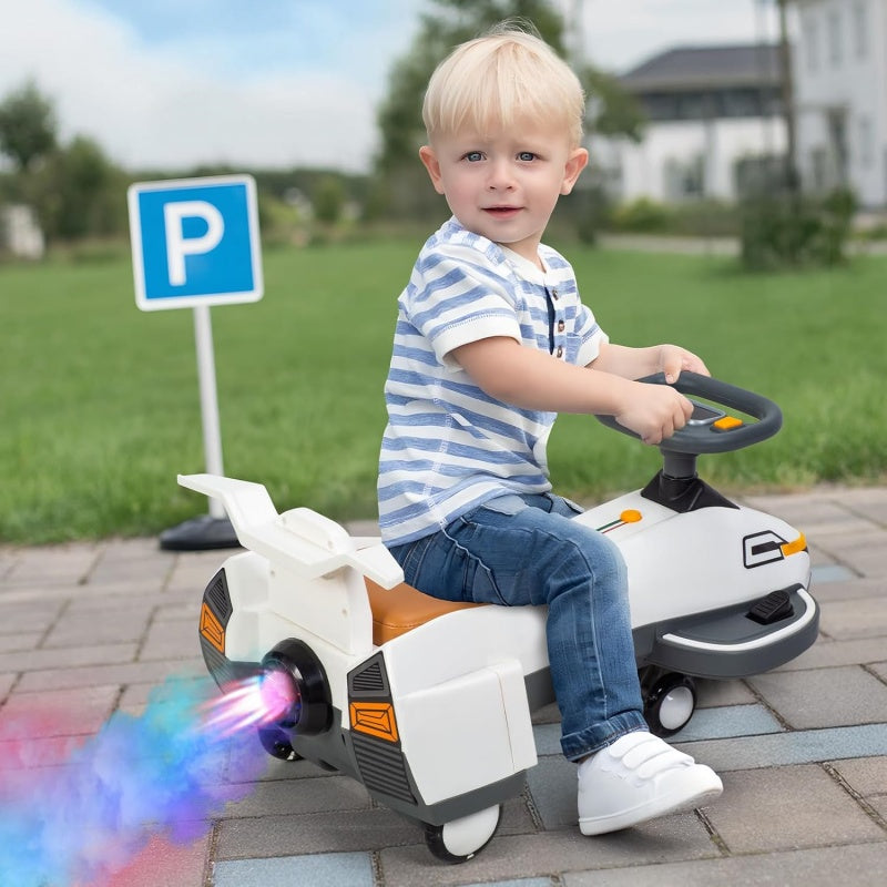 HOMCOM electric ride-on wiggle car for kids with light music, 2-in-1 design, 360 steering wheel, powered swing and twist features.