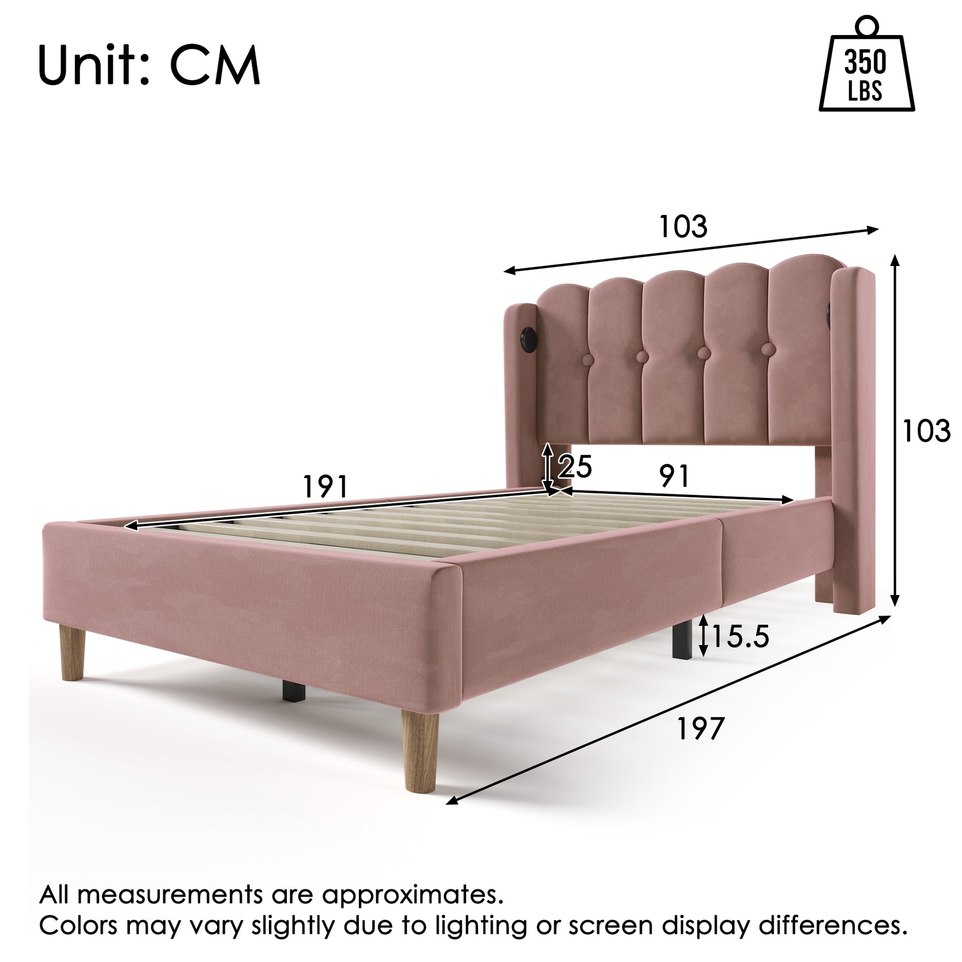 Pink velvet upholstered single bed frame with wooden slats, USB and Type-C charging ports, ideal for bedroom or guest room.