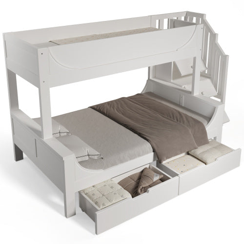 Kids Bunk Bed with Staircase Drawers & Storage – Solid Wood White Frame