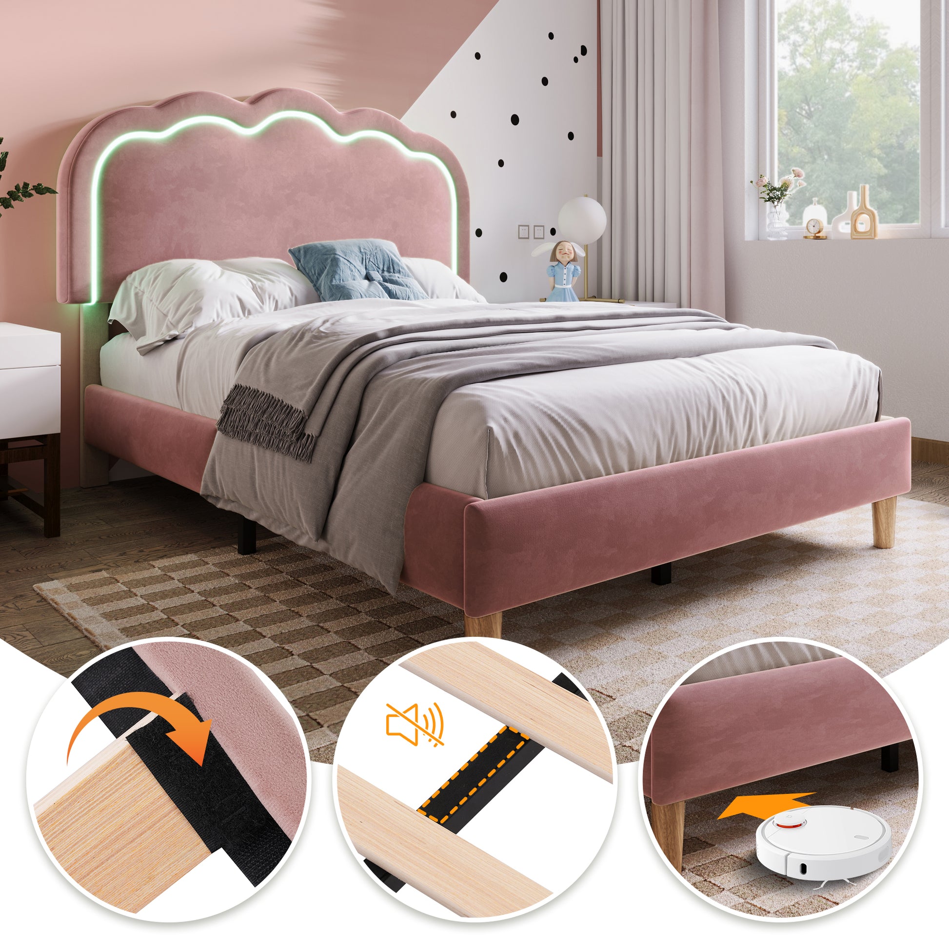 HOMCOM pink velvet upholstered single bed with LED lights, wooden slats, adjustable headboard, ideal for teen or guest bedroom.