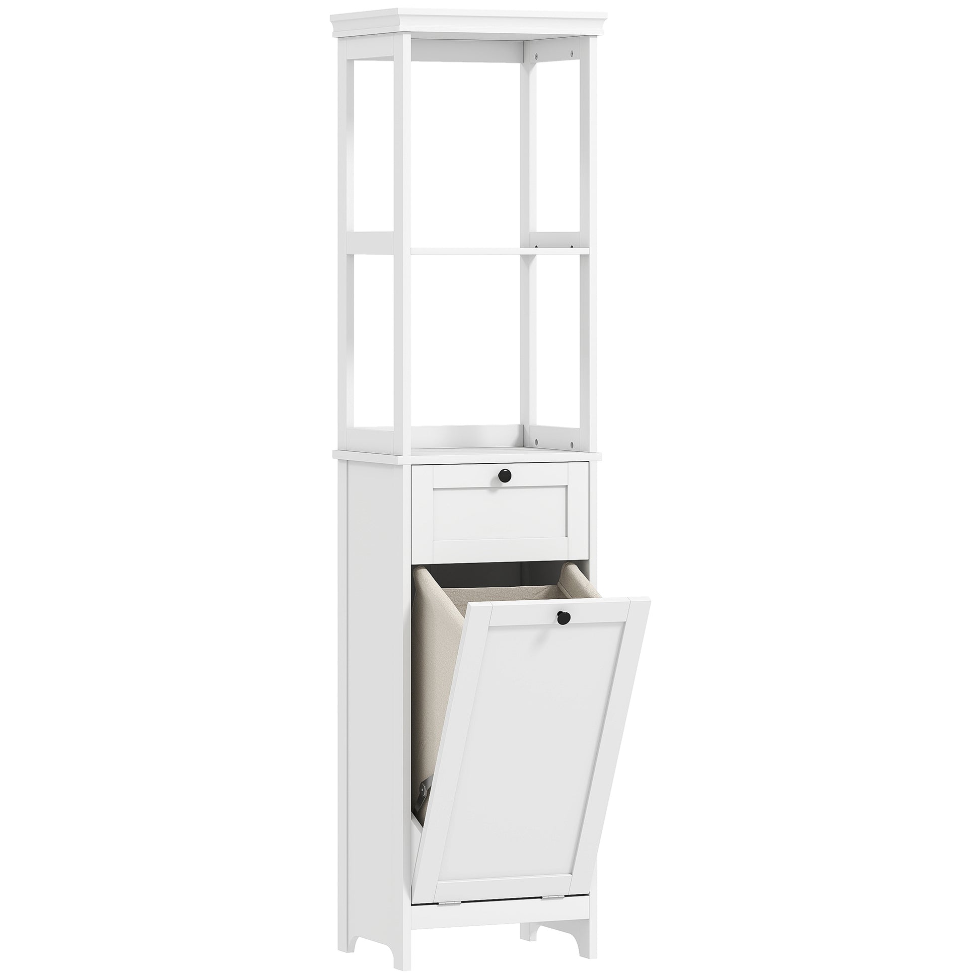 White tall bathroom cabinet with integrated laundry basket from HOMCOM, featuring multiple storage compartments.