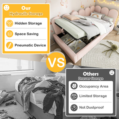 Beige upholstered HOMCOM single bed daybed with hydraulic storage, metal slatted frame, velvet fabric, and 3ft size 90x190 cm.