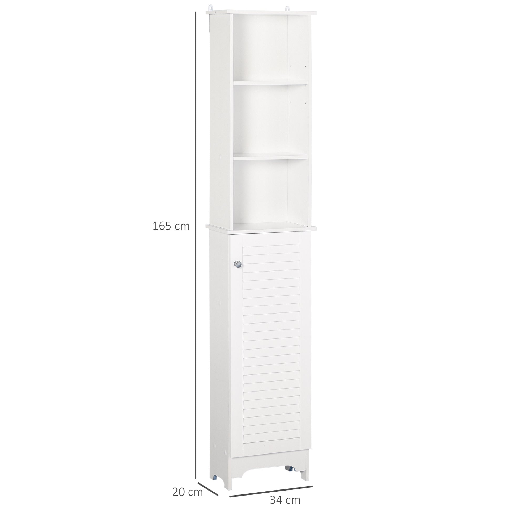White tall bathroom cabinet by HOMCOM with adjustable shelves, shutter door, freestanding design, and six internal storage shelves.