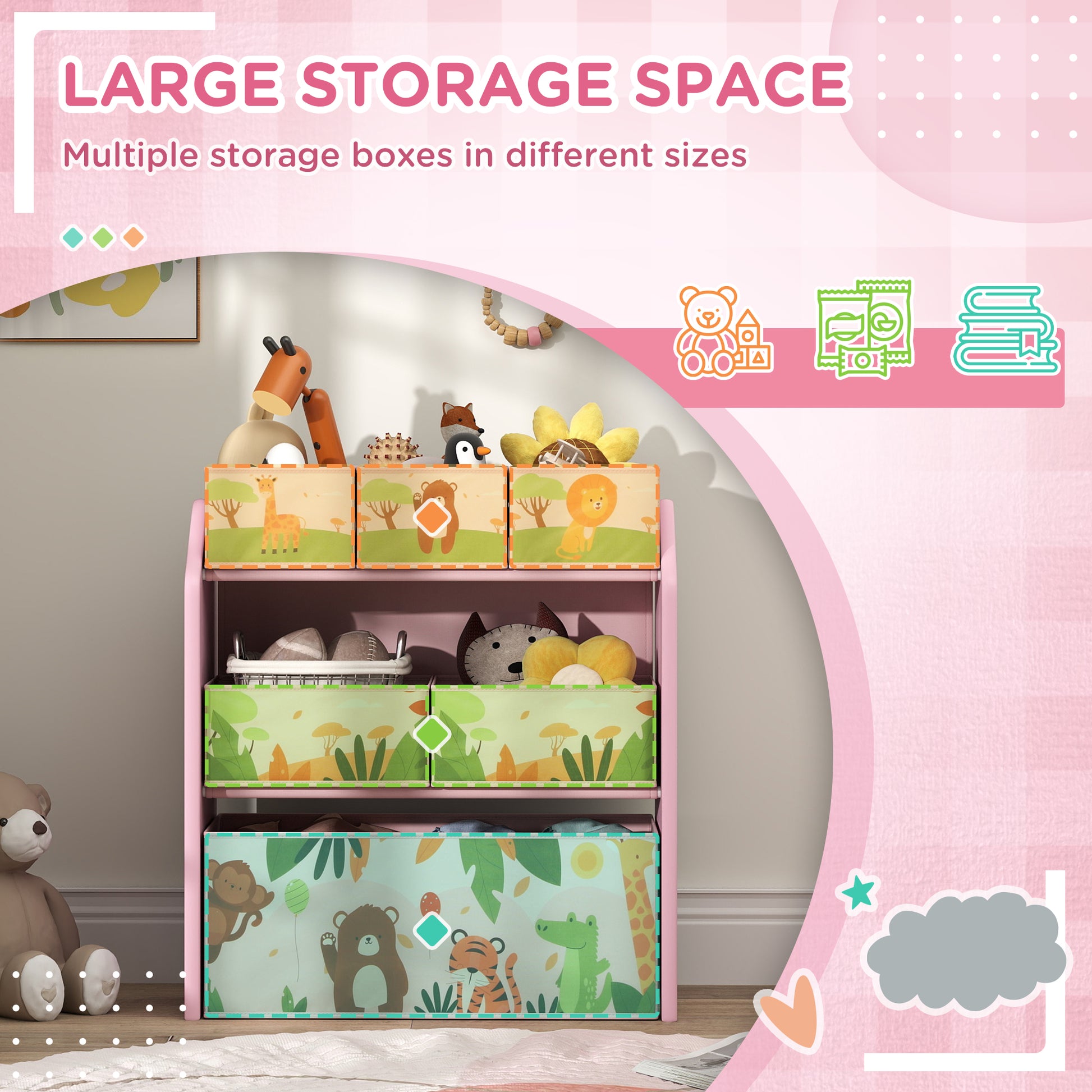 Pink HOMCOM 3-tier kids toy storage unit with six removable boxes, ideal for playroom, bedroom, or nursery organization.