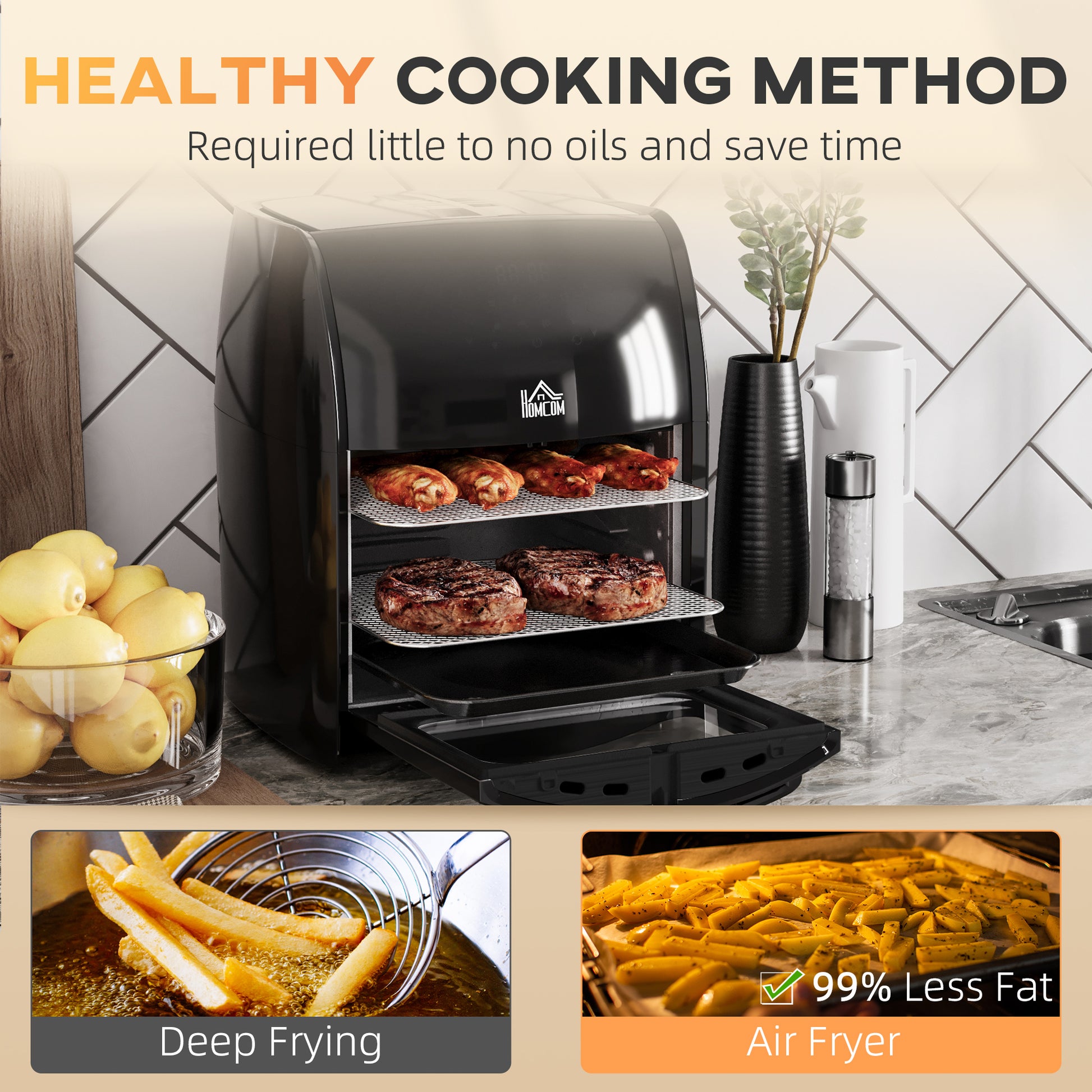 HOMCOM 12L 8-in-1 digital air fryer oven in black with digital display, roast and bake functions, and accessories inside.