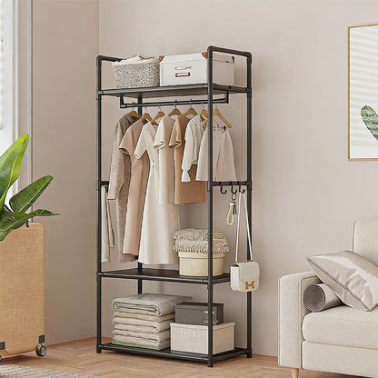 Black HOMCOM multifunctional clothes rail and shoe rack with storage shelf, sturdy garment hanging stand without wheels.