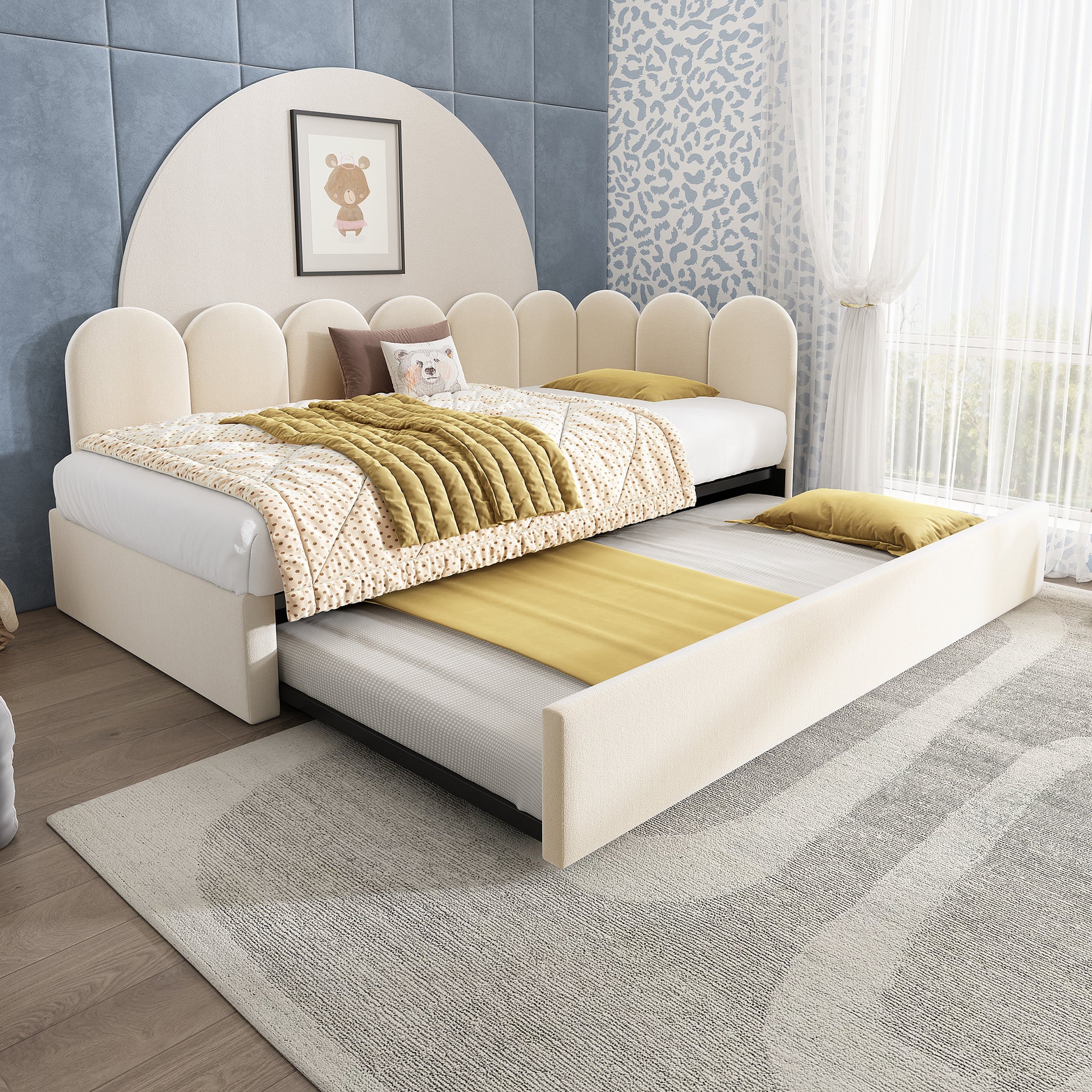 Beige upholstered HOMCOM daybed with pull-out bed, velvet fabric, slatted frame, 3ft single sofa bed for adults and children.