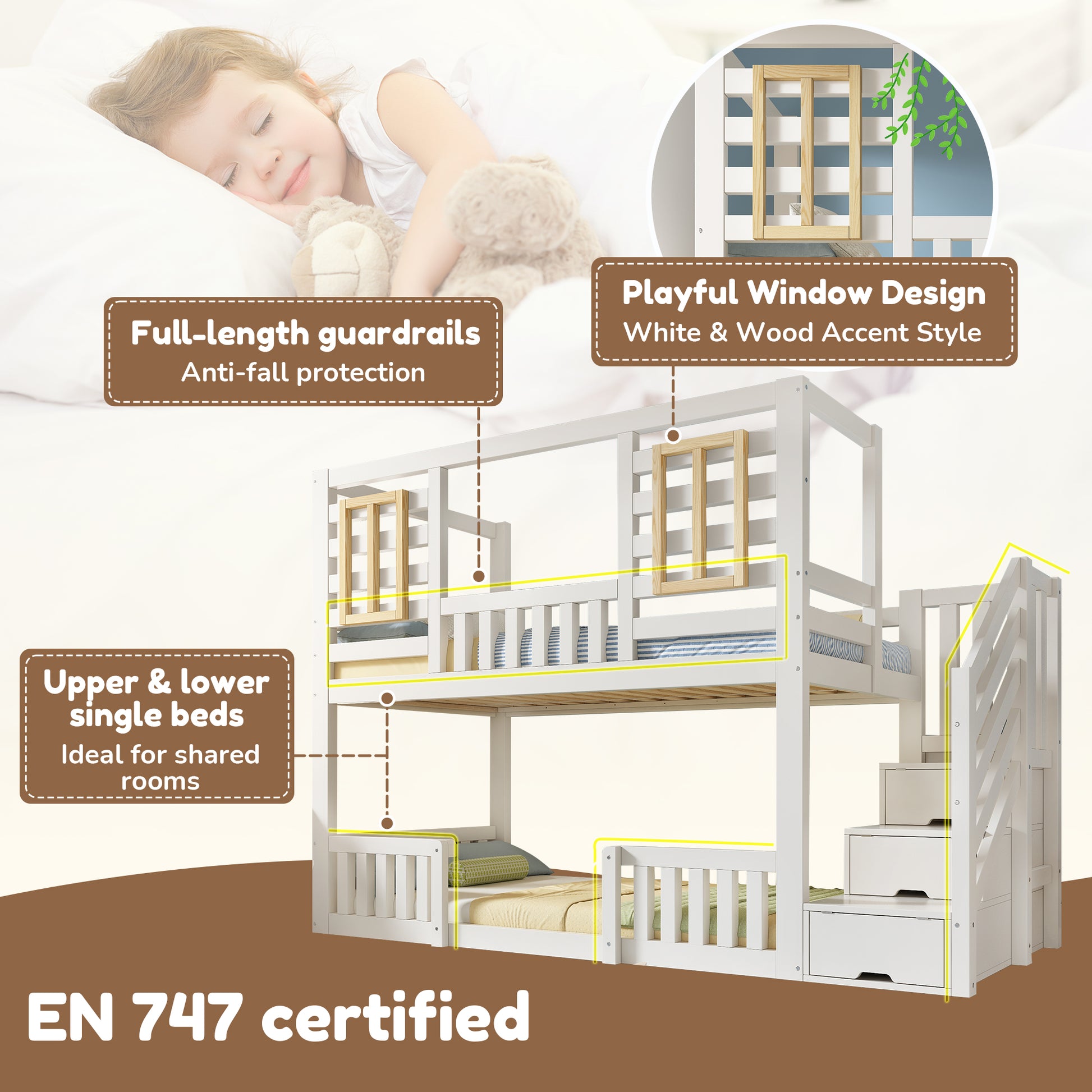 White wooden bunk bed for kids with staircase storage, twin size, tree-house design, solid wood, children's house bed with ladder.