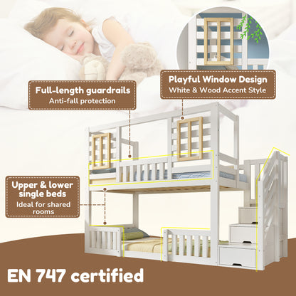 White wooden bunk bed for kids with staircase storage, twin size, tree-house design, solid wood, children's house bed with ladder.