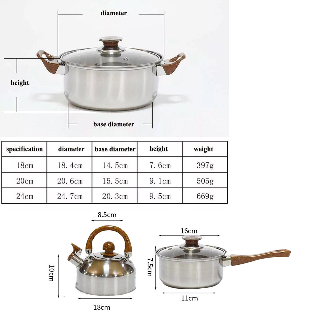 Set of 12 HOMCOM stainless steel cookware including saucepans, casseroles, and fry pans with glass lids, stacked with handles visible.