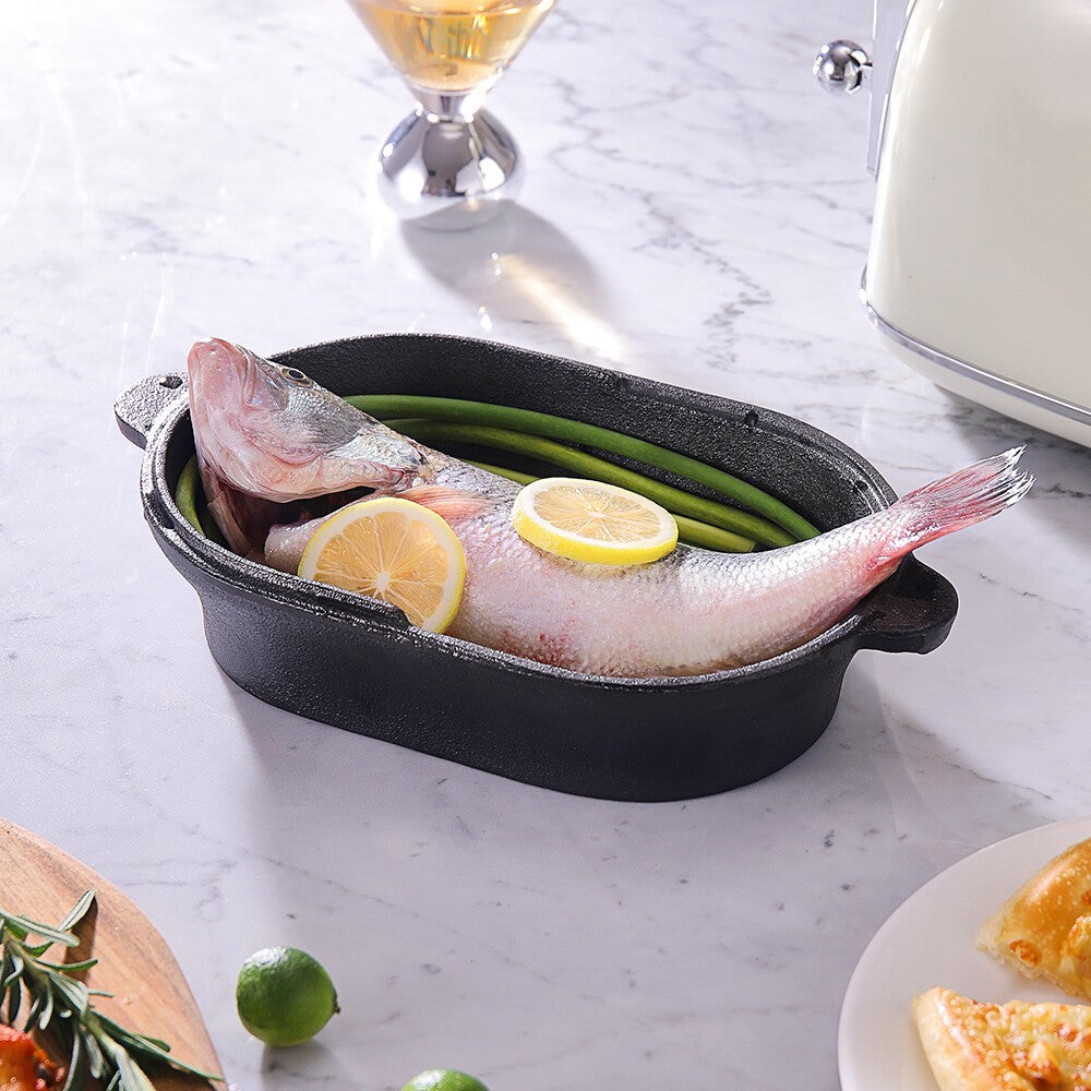 HOMCOM 2-in-1 cast iron Dutch oven and skillet with lid, camping stew pot and frying pan in black finish, suitable for outdoor cooking.