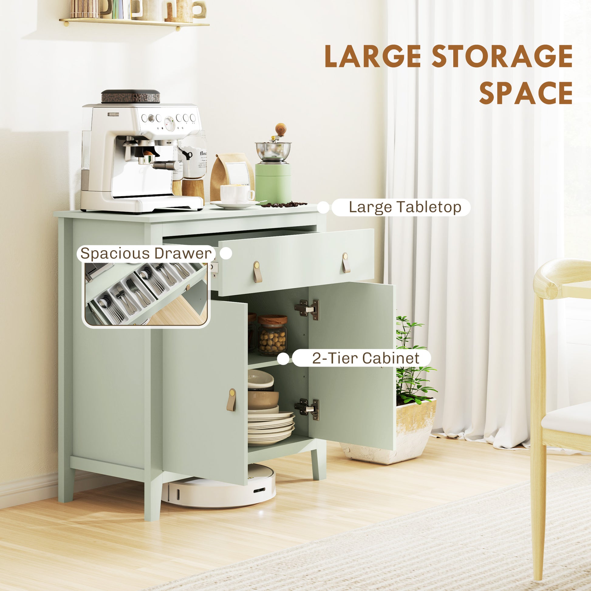 HOMCOM farmhouse style light green sideboard with 5 drawers and cabinet doors, featuring rustic wooden accents and antique handles.