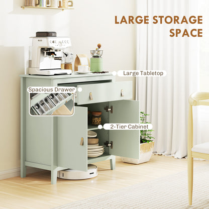 HOMCOM farmhouse style light green sideboard with 5 drawers and cabinet doors, featuring rustic wooden accents and antique handles.