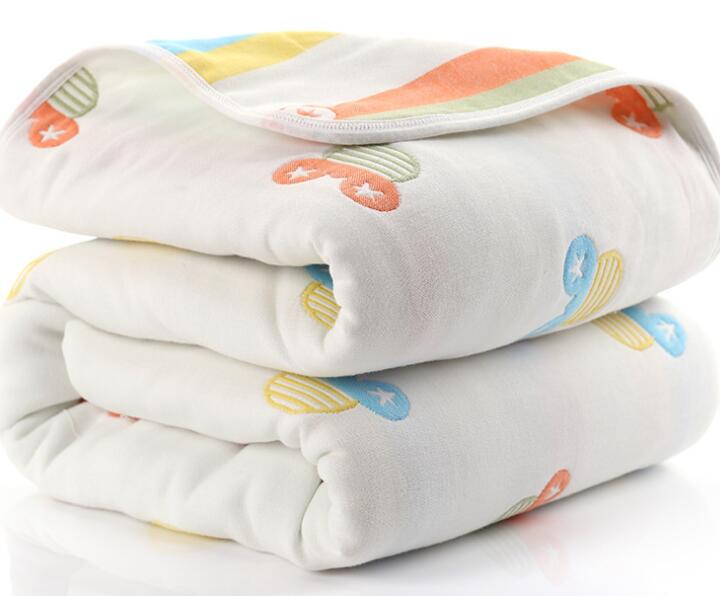 Eprolo baby muslin cotton blanket with 6 layers, soft and breathable swaddle for infants, shown draped on a crib.