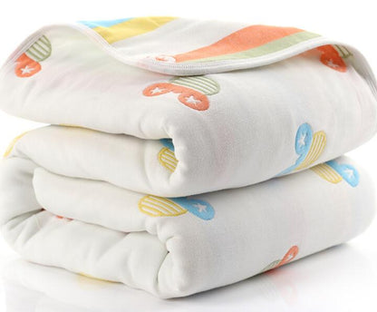 Eprolo baby muslin cotton blanket with 6 layers, soft and breathable swaddle for infants, shown draped on a crib.