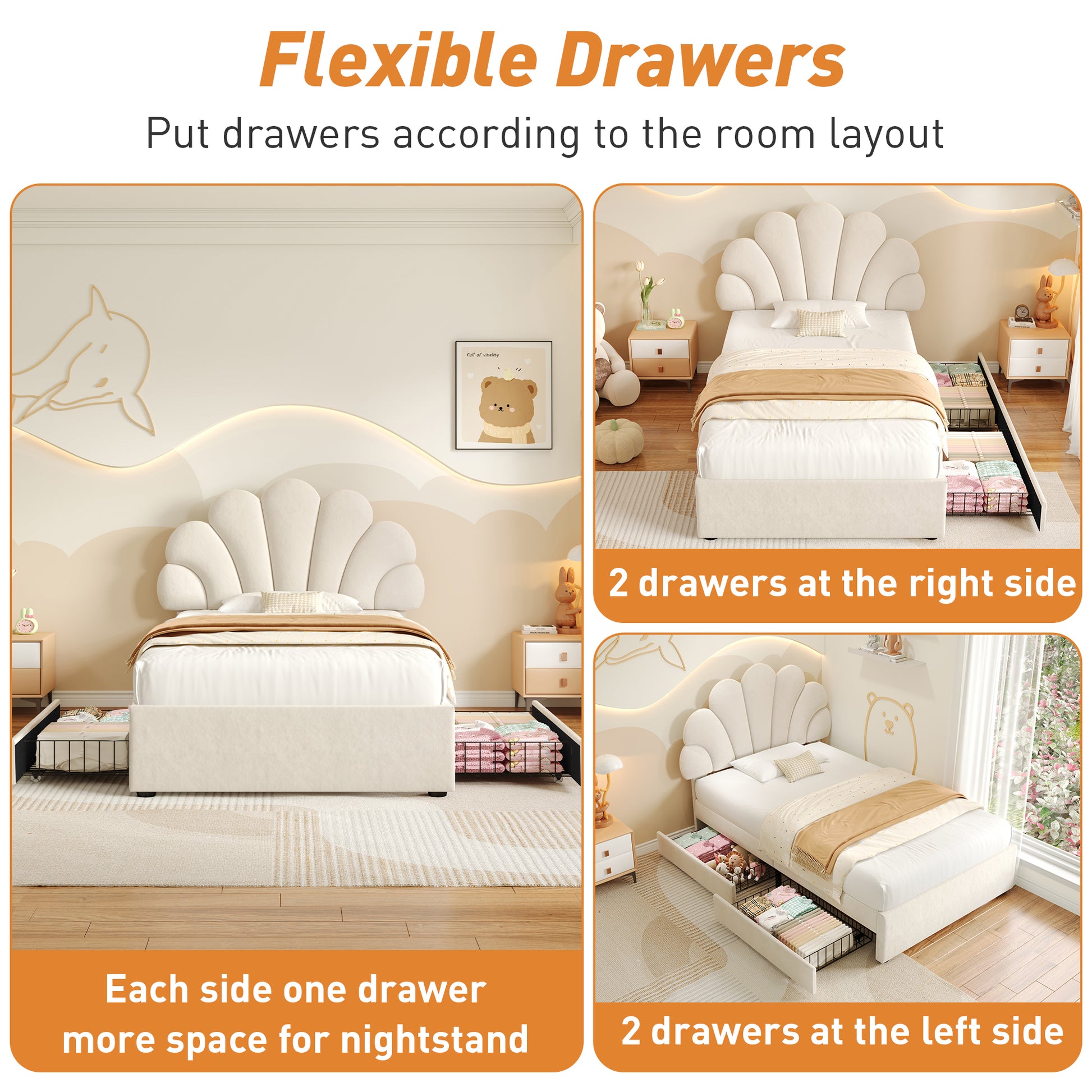 HOMCOM beige 3ft single upholstered bed with adjustable petal velvet headboard, wood slats, two storage drawers, no box spring