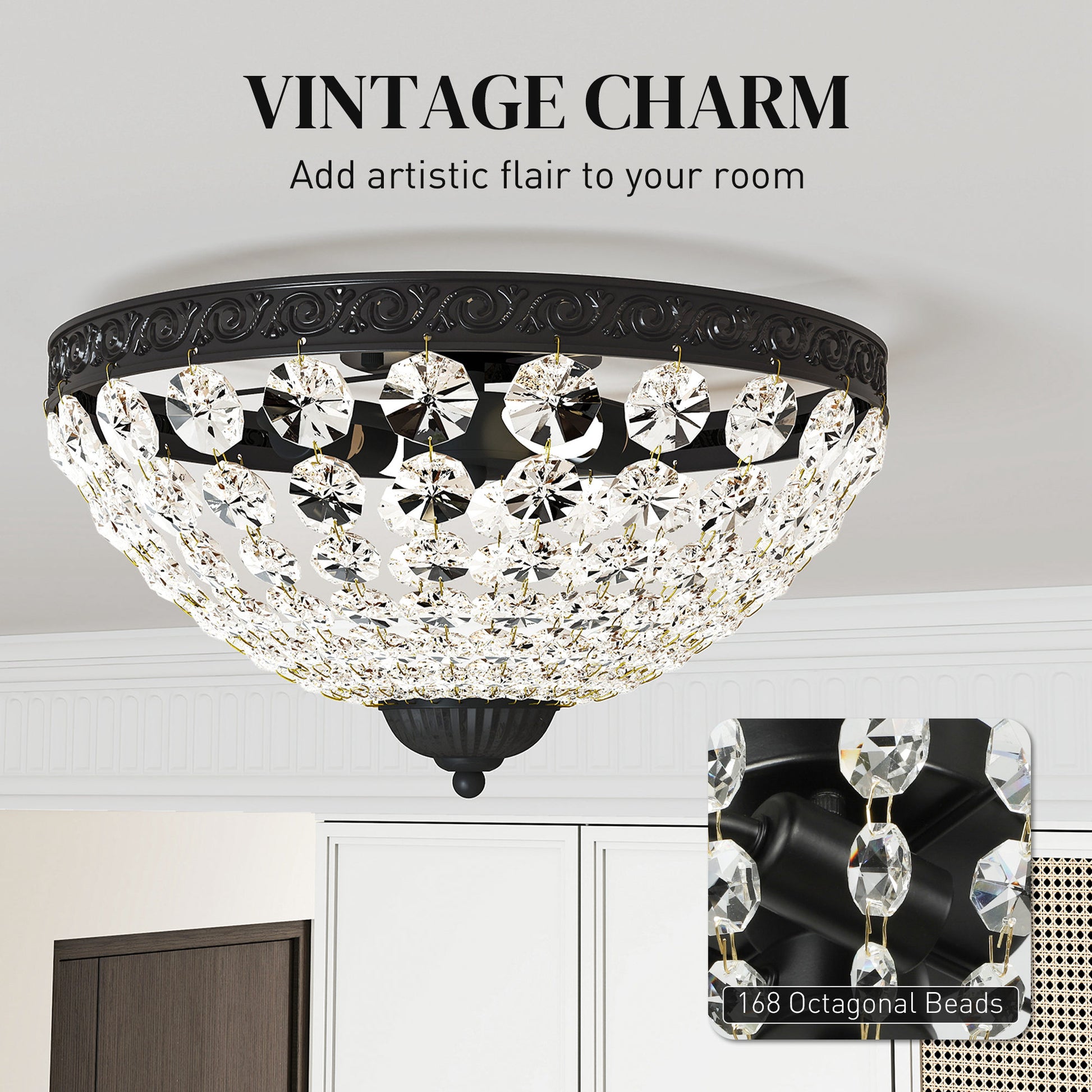 HOMCOM crystal chandelier ceiling light with 168 octagonal beads and two lights, vintage black flush mount for living rooms and bedrooms.