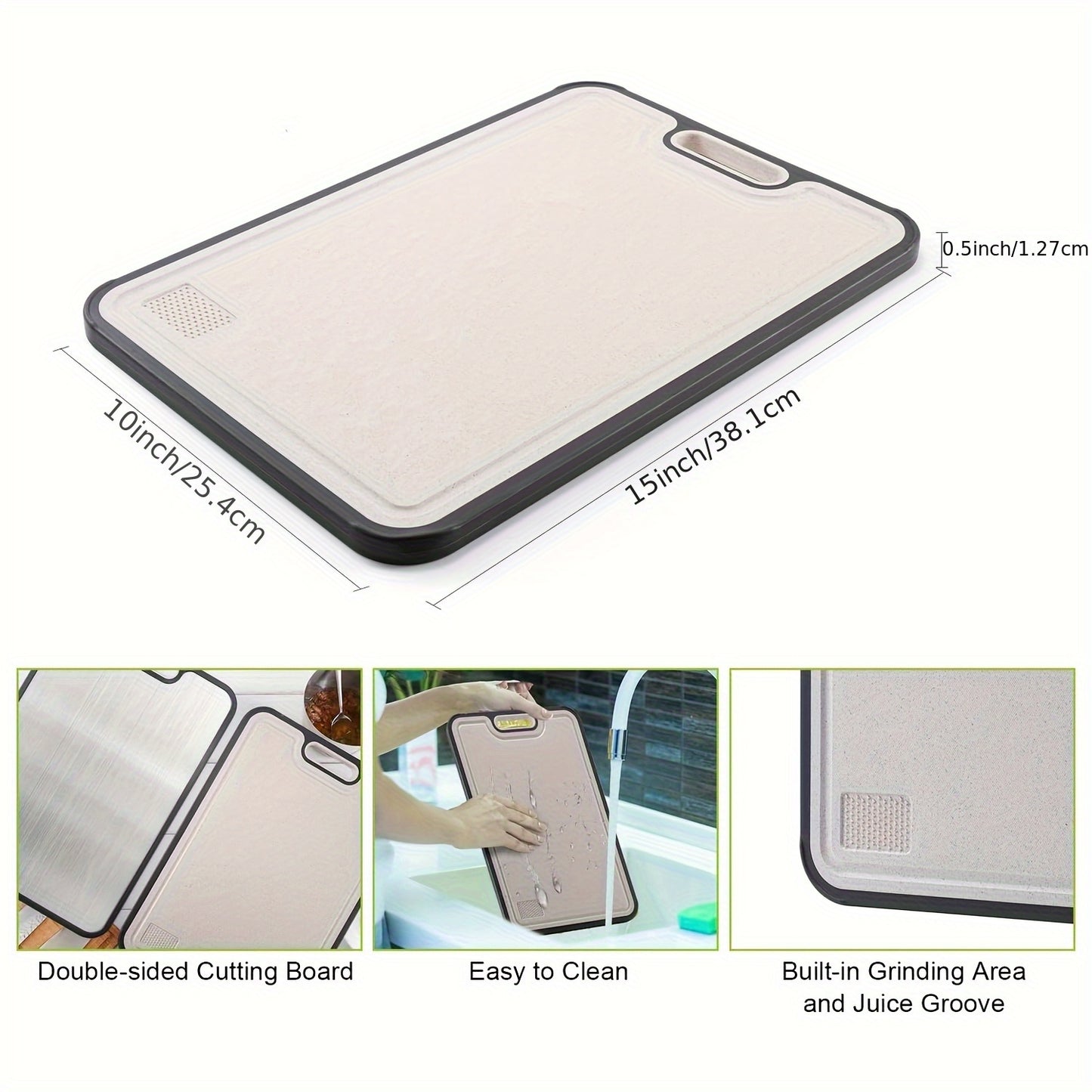 Stainless steel double-sided chopping board with anti-slip base, handle, suitable for meat, vegetables, and fruits for kitchen and camping use.