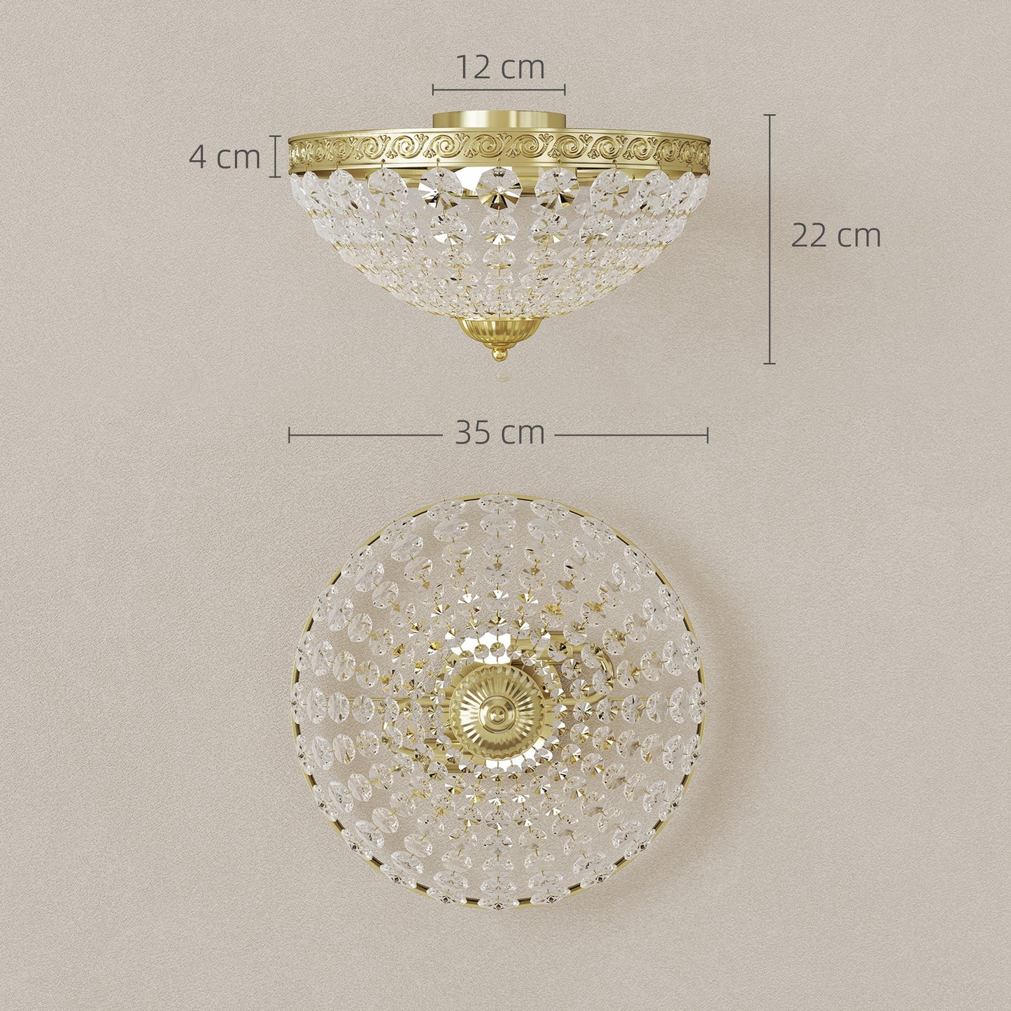 HOMCOM vintage gold-tone crystal chandelier ceiling light with 168 octagonal beads, 2-light flush mount for living room or bedroom.