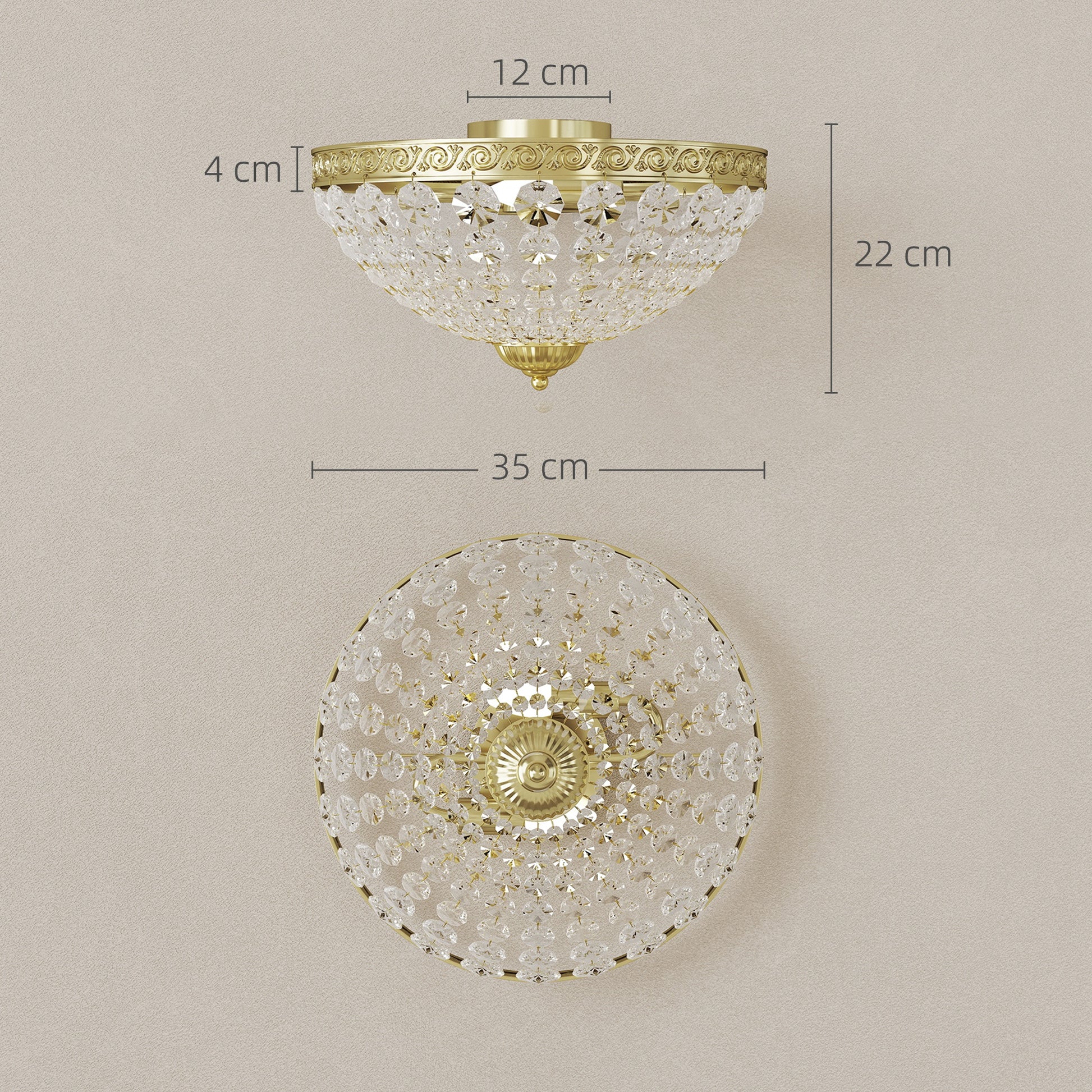HOMCOM vintage gold-tone crystal chandelier ceiling light with 168 octagonal beads, 2-light flush mount for living room or bedroom.