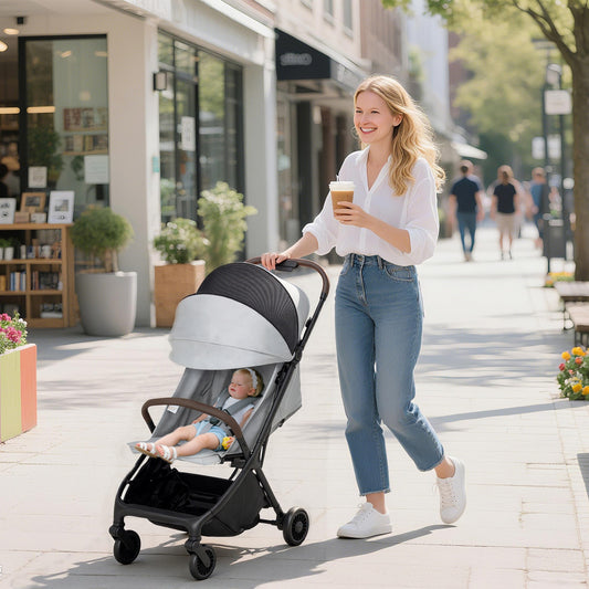 Light grey HOMCOM foldable baby stroller with adjustable seat, canopy, 5-point harness, basket, lightweight and compact design