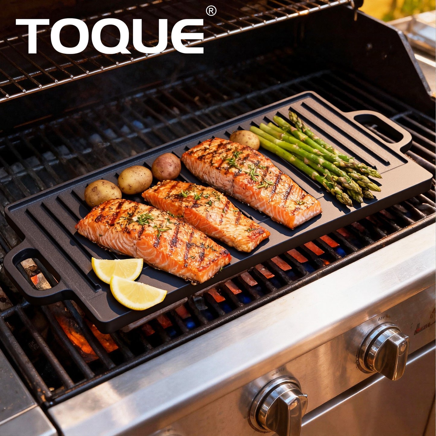 Livoshop reversible cast iron griddle plate with non-stick surface, 49.5cm BBQ skillet for grilling and cooking indoors or outdoors.