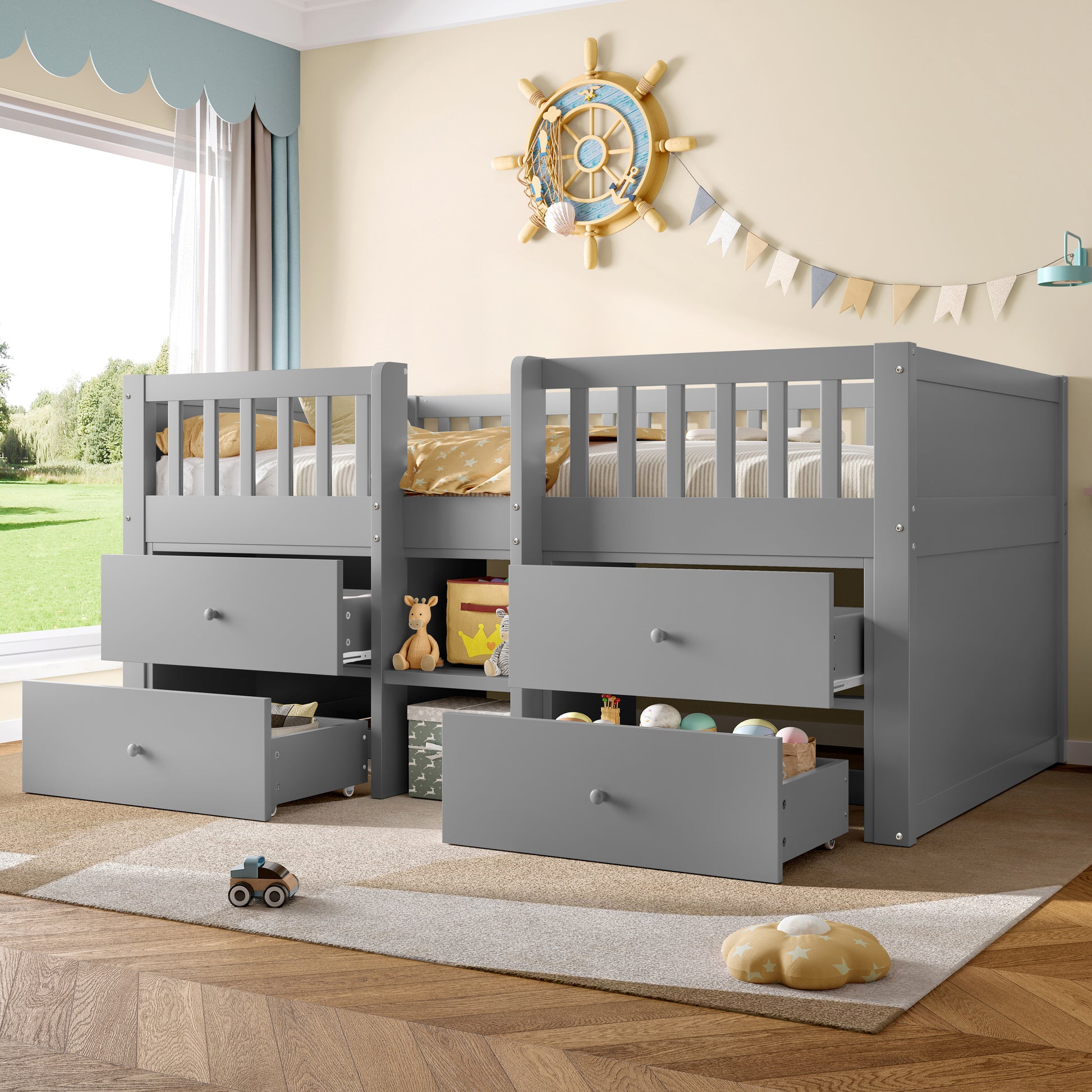 Grey HOMCOM low loft bed with storage, solid wood frame, drawer storage, guardrail, no box spring, space-saving for children's bedroom